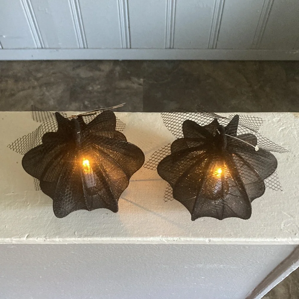 NWT- 2- Elegant Black Lace Covered Light Up LED Halloween Pumpkin Decorations